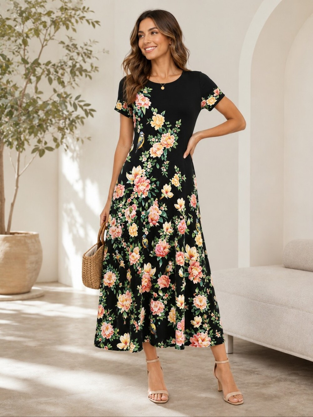Johnny Was The Janie Favorite Cap Sleeve Floral Bird Jersey Knit Maxi Dress M
